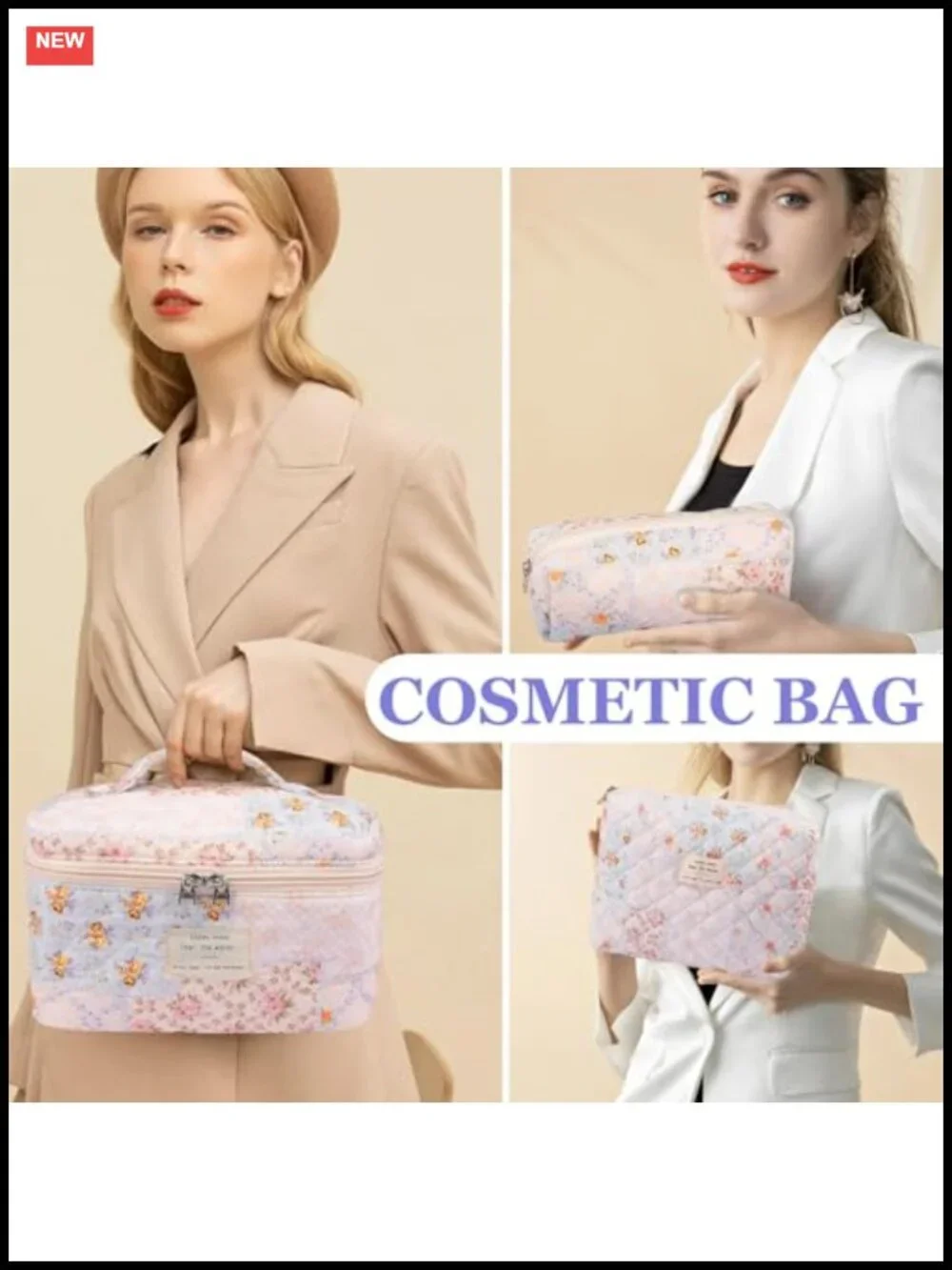 Quilted Cotton Floral Makeup Bag Set, 3 Sizes, Travel Toiletry Organizer,